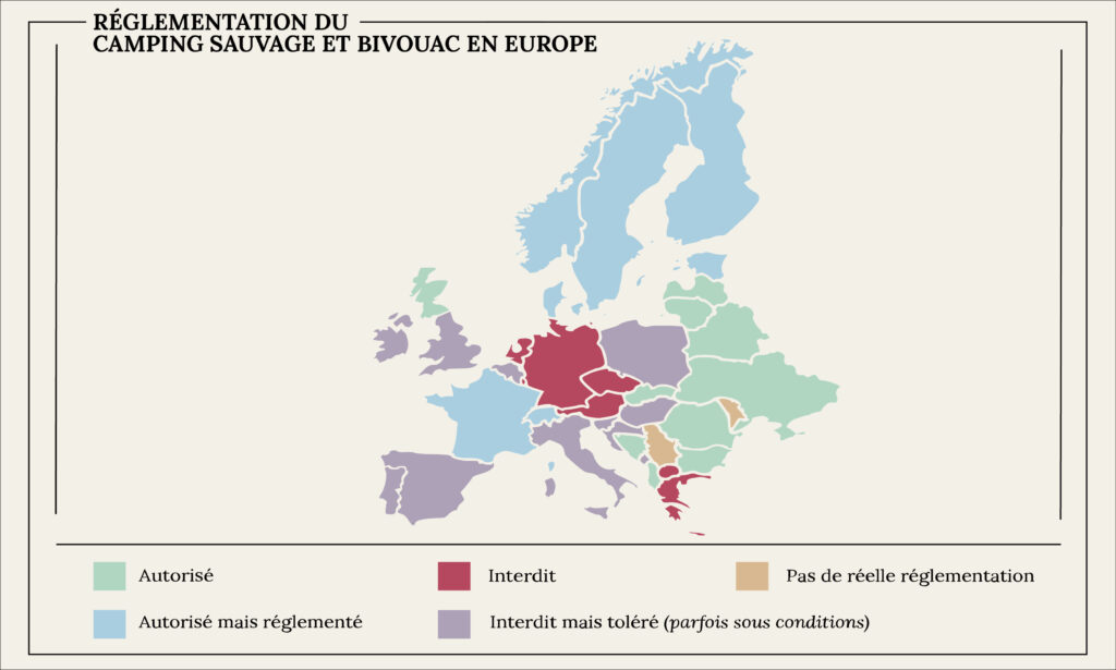 Carte synthétisant les différentes réglementations du camping sauvage et du bivouac en Europe
